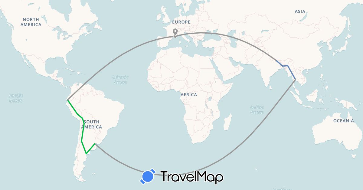 TravelMap itinerary: driving, bus, plane, cycling in Argentina, Bangladesh, Bolivia, Ecuador, France, Myanmar (Burma), Nepal, Peru, Thailand (Asia, Europe, South America)